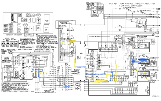 Detailed electrical wiring schematic with highlighted blue and yellow circuit paths and component labels
