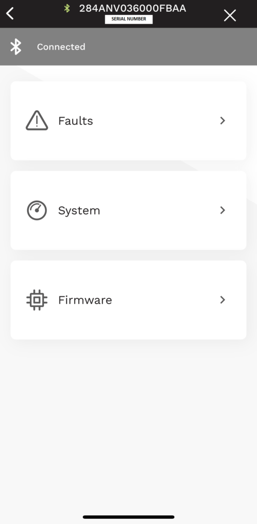 Mobile app settings menu with three options: Status, System, and Firmware.