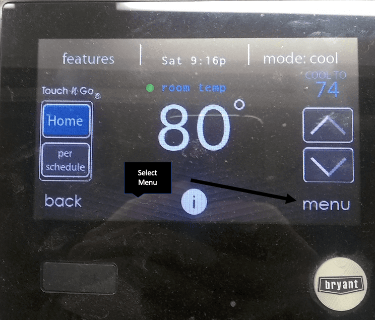 Thermostat touchscreen showing 80° with up/down arrows, Home button, and menu options in cool mode.