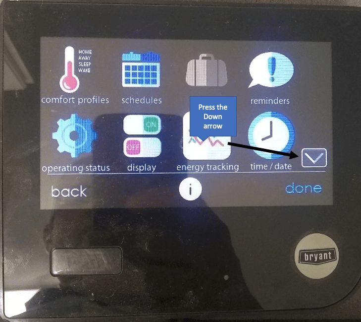 Bryant thermostat touchscreen showing settings menu with icons and back/done buttons