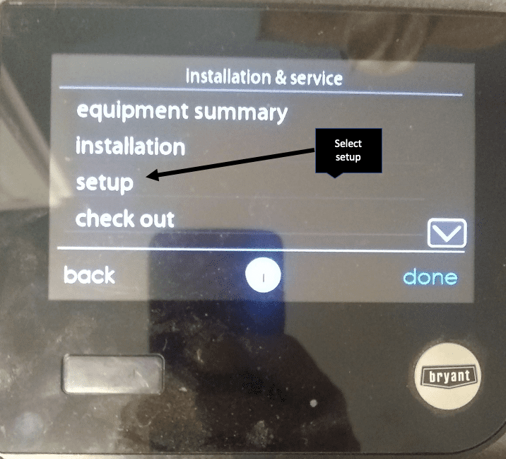 Bravant thermostat install and service menu with equipment summary, setup, and check out options on screen