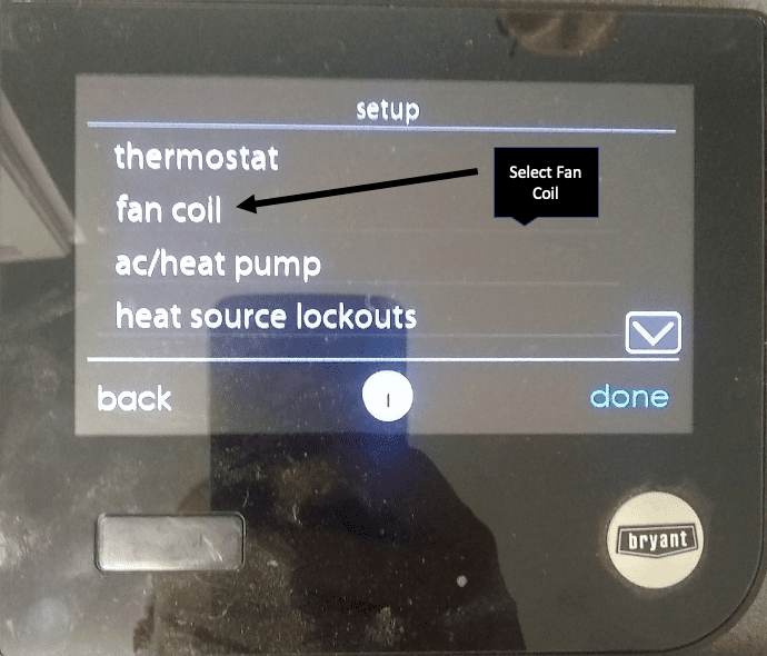 Thermostat setup screen showing fan coil, AC/heat pump, and heat source lockouts options