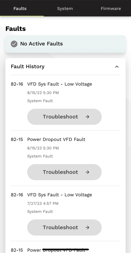 Mobile app “Faults” screen showing a list of fault alerts with “Troubleshoot” buttons.