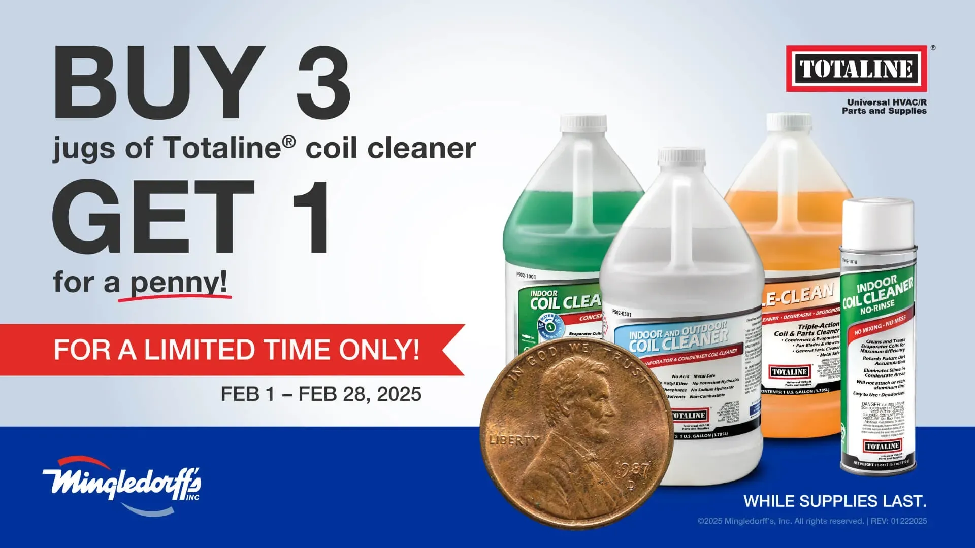 Buy 3 jugs of Total℠ coil cleaner, get 1 free; red-and-blue promotional ad with product bottles.