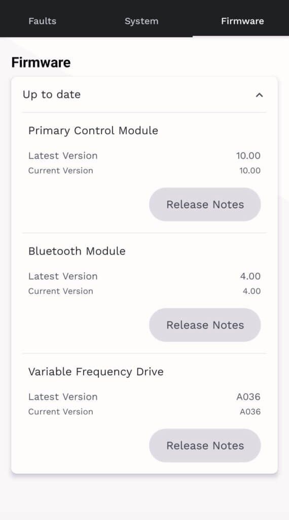 Firmware update screen showing “Up to date” and three device cards with release notes buttons