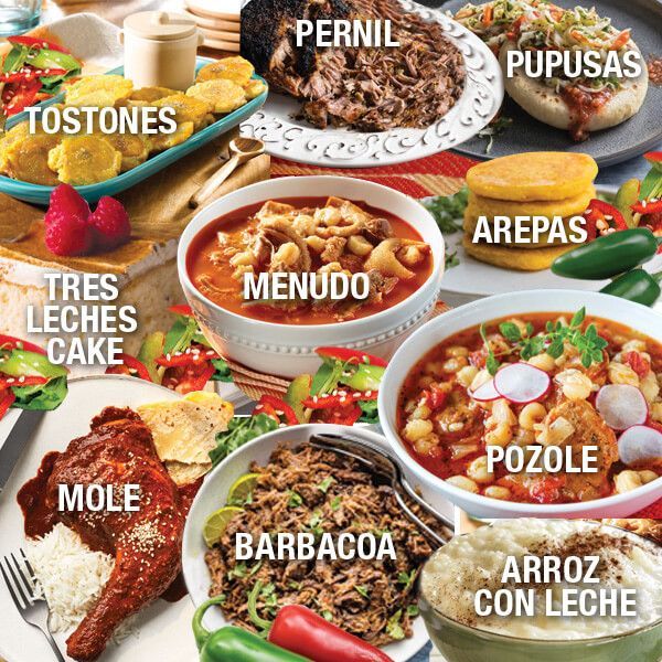 Assorted Latin American dishes labeled in a colorful food collage on a table