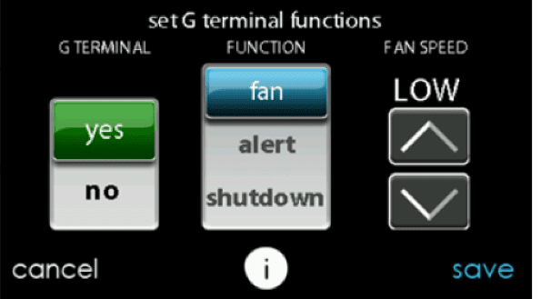 Settings screen for G terminal functions: yes/no toggle, fan function, low fan speed, with cancel and save buttons