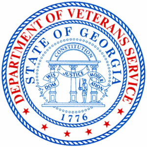 Seal of the Georgia Department of Veterans Service in blue and red with state seal and 1776.