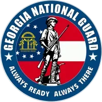 Georgia National Guard circular logo with soldier, red and blue background, and “Always Ready Always There” text