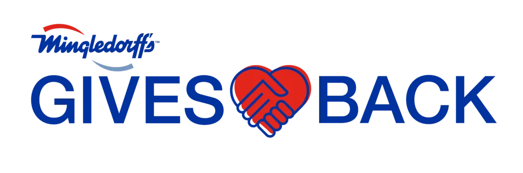 Mingledorff’s “GIVES BACK” logo with a red heart handshake icon in blue and red