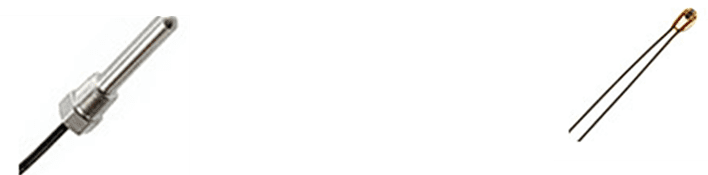 Two small metal probe sensors with wires, one silver and one gold-tipped, on a white background