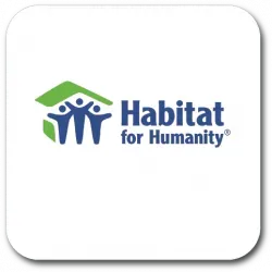 Habitat for Humanity logo with blue figures and a green roof icon