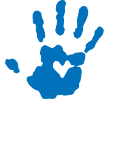 Blue handprint with a white heart shape in the palm, on a white background