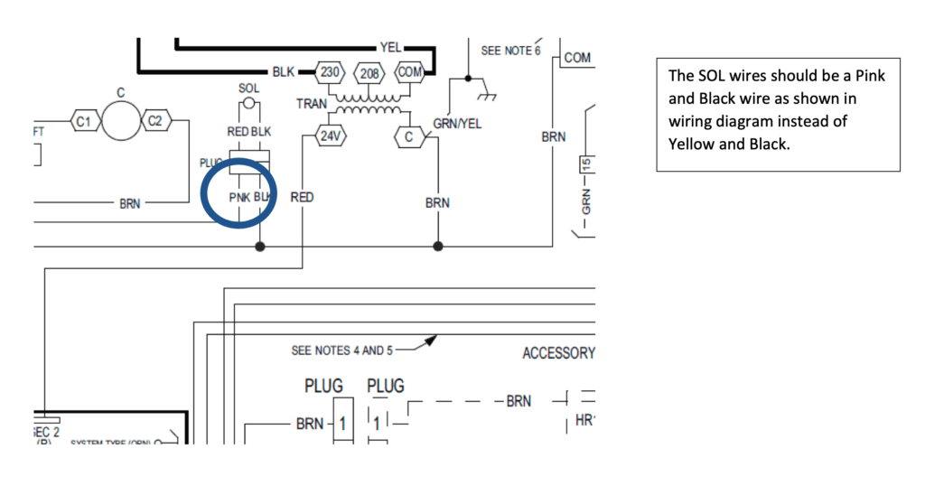 Black-and-white electrical schematic diagram with blue circled component and note box on the right