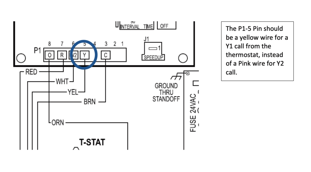 T-stat wiring diagram with terminal labels, highlighting the Y1 connection in blue.