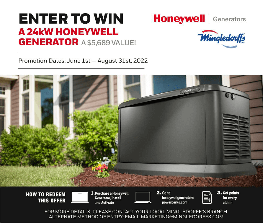 Honeywell generator giveaway ad with black generator in front of a house and lawn