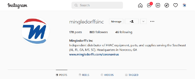 Instagram profile page for “mingledorffsinc” with a blue-and-red logo and business bio.