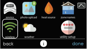 Smart home settings screen with icons for service, photo upload, heat source, zone names, wireless, weather, and utility setup.