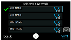 Wi‑Fi network selection screen with a list of SSID names and back/next buttons