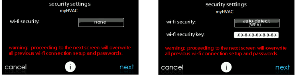 Split-screen of a dark “security settings” menu with Wi‑Fi security options and red warning text, with Cancel and Next buttons.