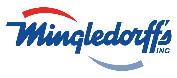 Mingledorff’s Inc. logo in blue and red with stylized swoosh accents