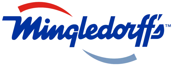 Mingledorff’s logo in blue script with red and gray swooshes on a white background