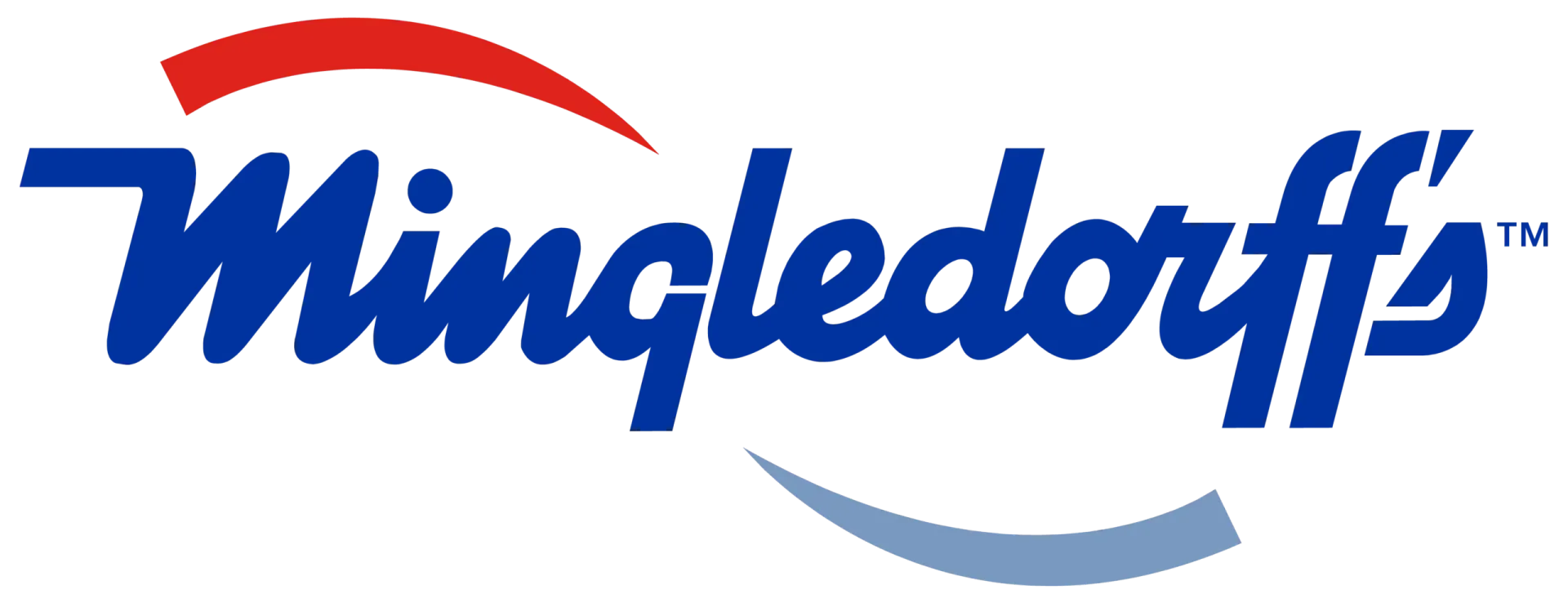 Mingledorff's logo in blue script with red and gray swooshes