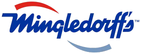 Mingledorff's logo in blue script with red and gray swooshes