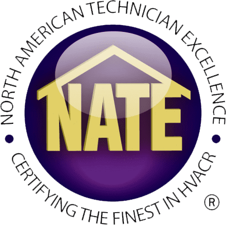 NATE certification logo with gold house outline on a purple circle and surrounding text “North American Technician Excellence”