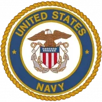 United States Navy emblem with eagle, shield, rope border, and blue circular seal