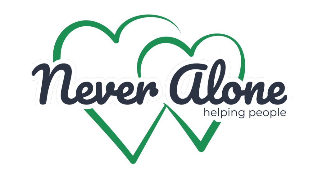 Never Alone logo with green heart outline and dark gray text, plus small “helping people” tagline