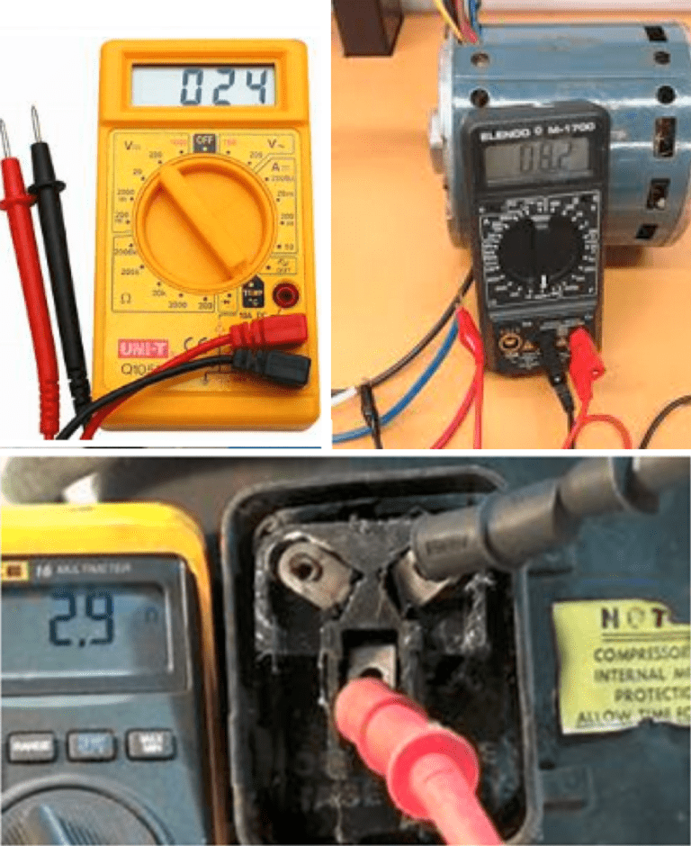 Multimeter testing motor and electrical connections, with close-up probes on terminals and display readings.