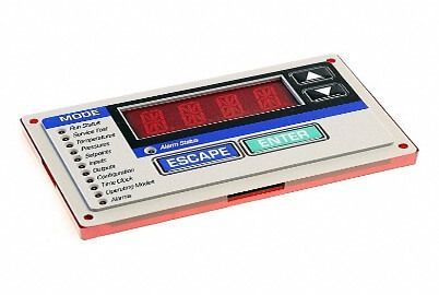 Retro tabletop electronic game console with red display, buttons, and white casing