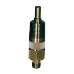 Metallic threaded sensor or fitting with a hexagonal body, silver top, and brass lower section on a white background