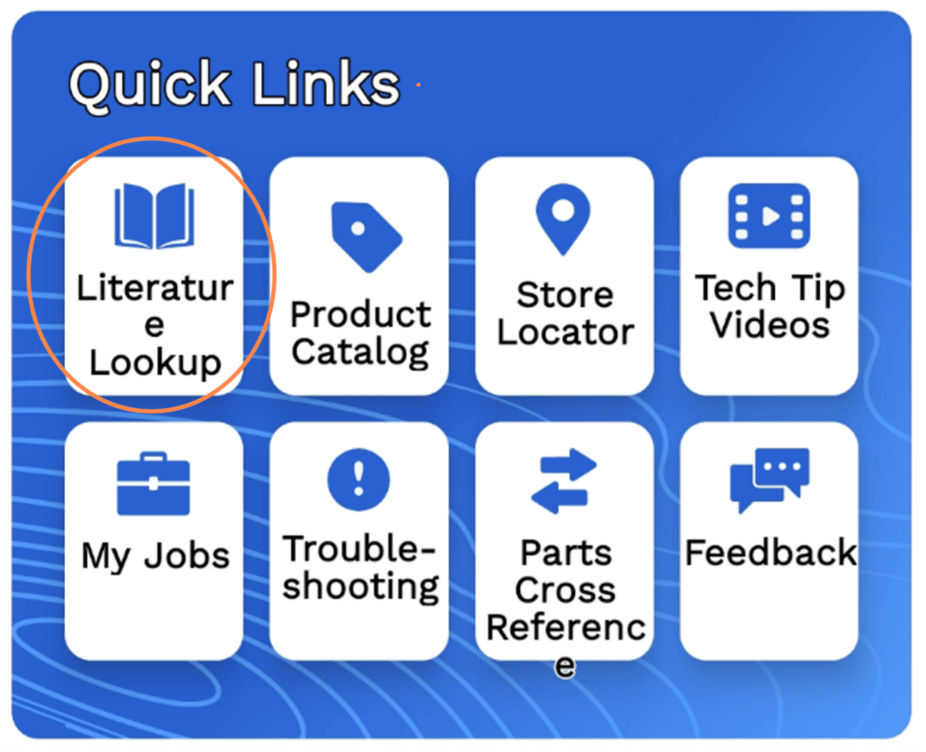 Blue “Quick Links” menu with icons for Literature Lookup, Product Catalog, Store Locator, Tech Tip Videos, Jobs, Troubleshooting, Parts Cross Reference, and Feedback