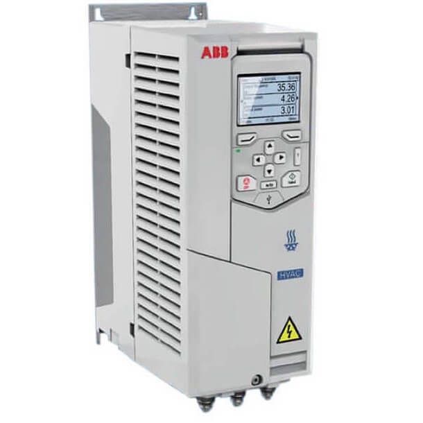 White ABB industrial control unit with display and buttons on a gray background