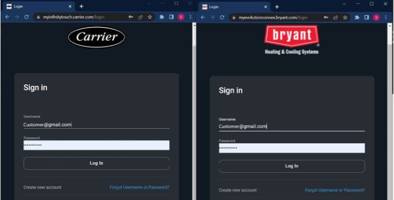 Two browser login pages side by side for Carrier and Bryant HVAC portals, both in dark theme.