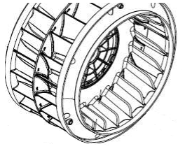 Black-and-white technical illustration of a turbine or fan wheel with curved blades inside a circular housing