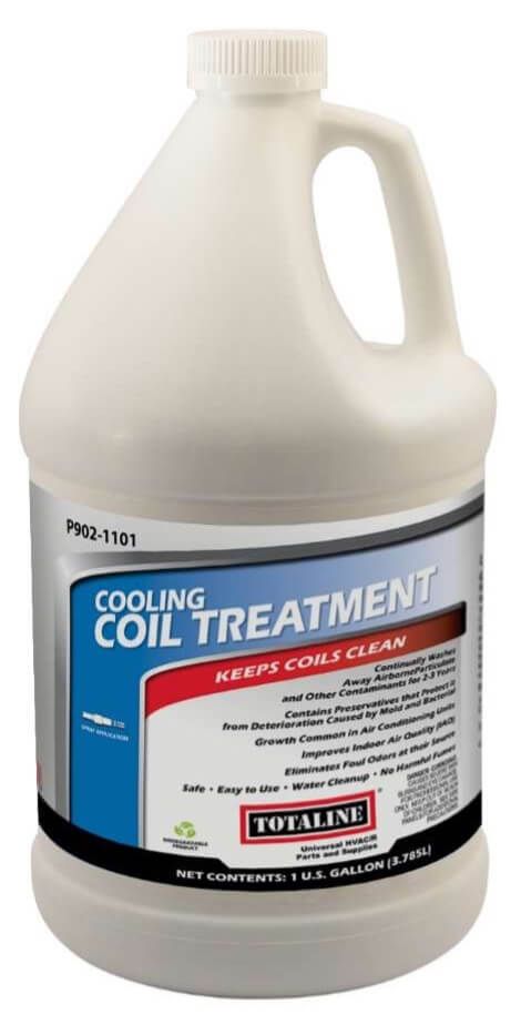 White gallon jug of cooling coil treatment cleaner with blue label and handle