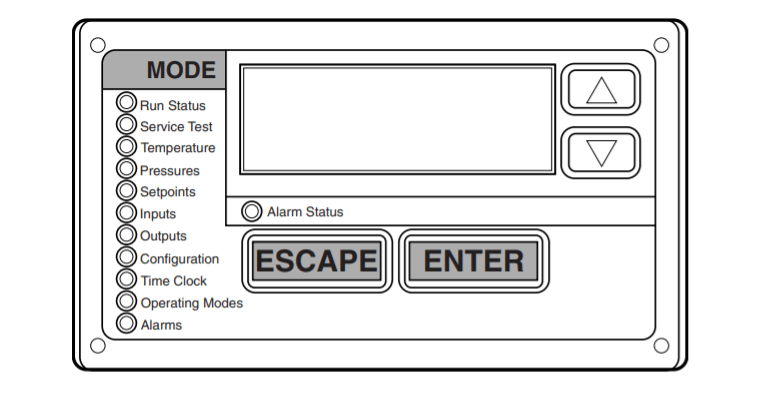 Control panel with display, mode labels, arrow buttons, and ESCAPE/ENTER keys on a white background