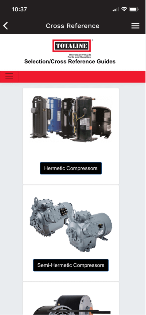 Mobile app screen showing a product catalog with industrial machinery thumbnails and a search bar at top