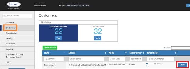 Customer dashboard with summary cards, table, and blue action buttons on a dark left navigation sidebar