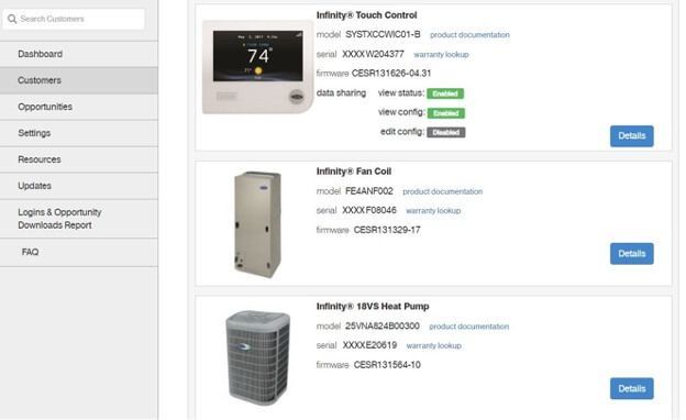 Web dashboard listing HVAC products with thumbnails, status labels, and blue Detail buttons