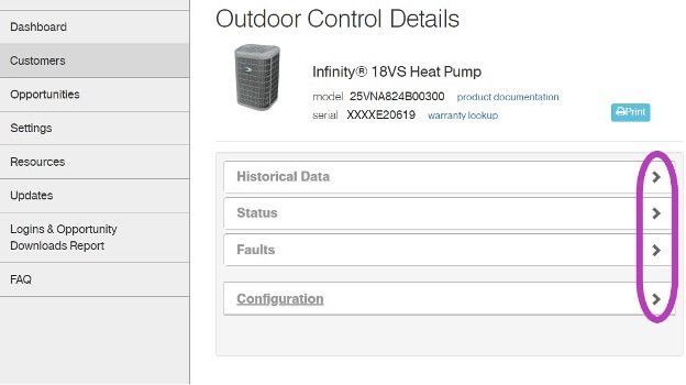 Web dashboard showing “Outdoor Control Details” with collapsible sections and a purple-highlighted right sidebar arrows