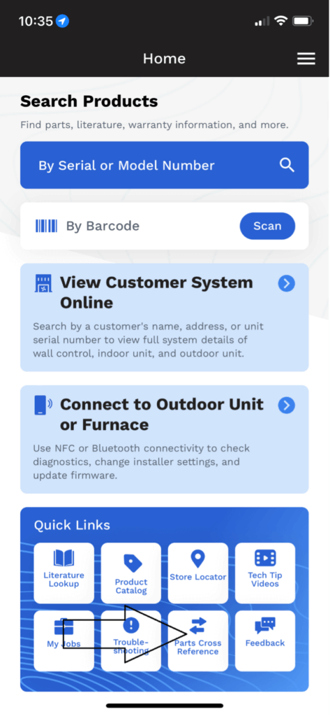 Smart home app home screen with search bar, customer system cards, and blue device shortcuts.