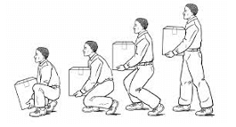 Sequence of a person lifting a box from crouch to standing, demonstrating proper lifting posture