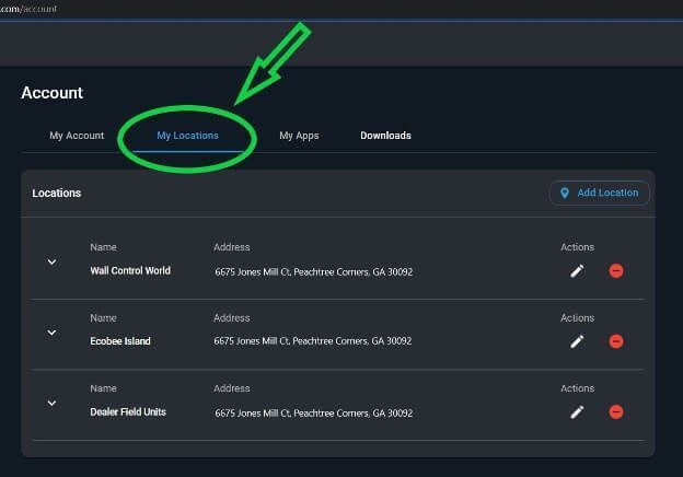 Account settings page with “My Locations” tab highlighted in green and location list below.