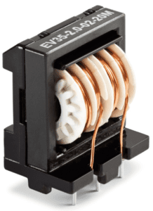 Black electrical coil component with copper windings and white plastic spool on a small base
