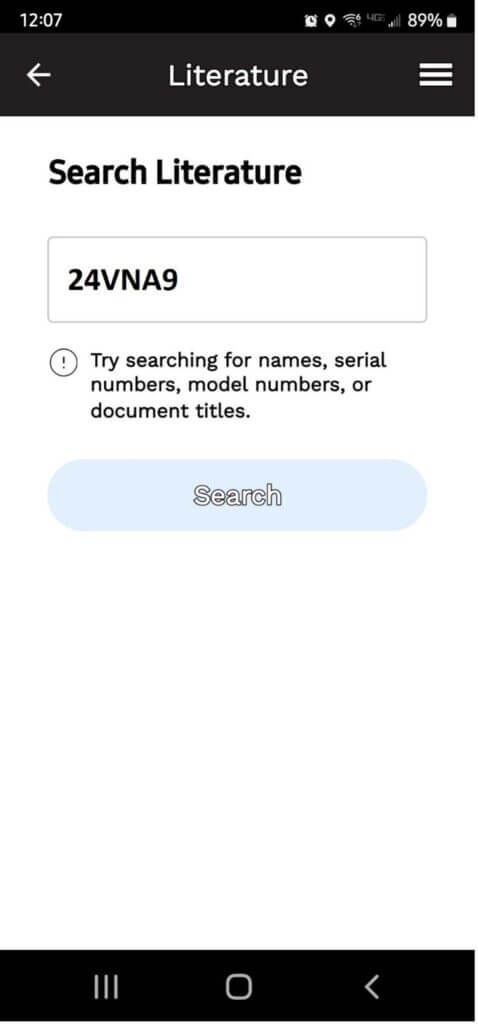 Mobile app screen titled “Search Literature” with search field containing “24VNA9” and a blue Search button.