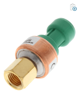 Brass and copper electrical fitting with a green plastic cap, shown on a white background